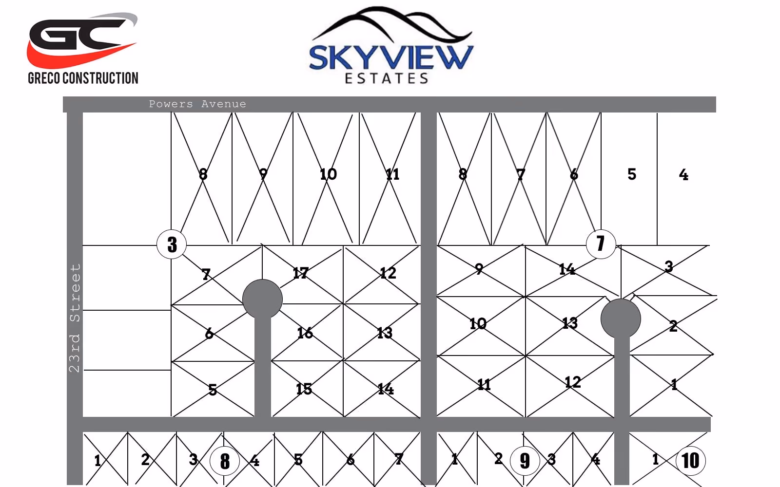 Black and white map of Skyview Estates phase 4 showing numbered lot divisions along Powers Avenue and 23rd Street with two cul-de-sacs and street block numbers in circles.