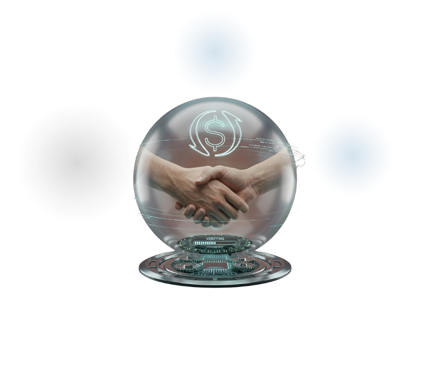 Manos estrechándose dentro de una esfera con símbolo de dólar y engranajes, texto Crédito abajo.