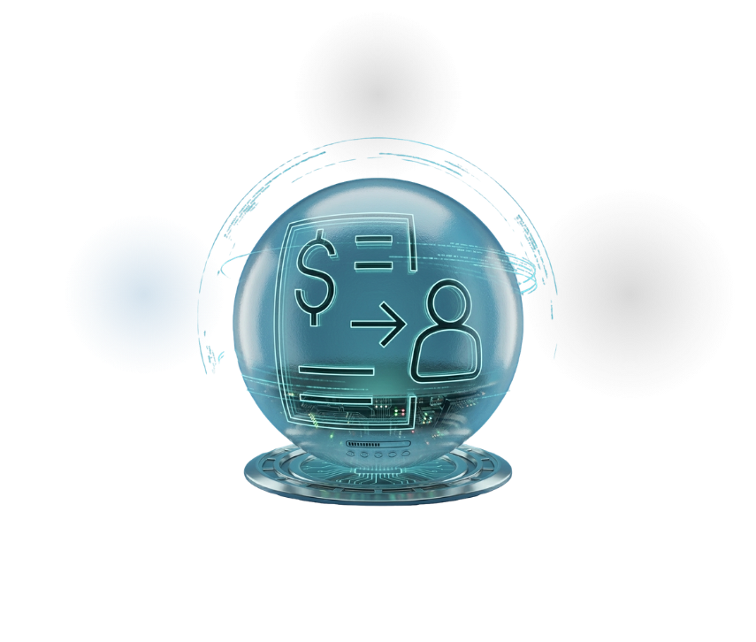 Esfera azul con iconos de símbolo de dólar y usuario, texto Factoring debajo.