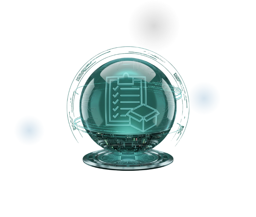 Esfera digital con lista de tareas y caja, simbolizando financiamiento de inventario.