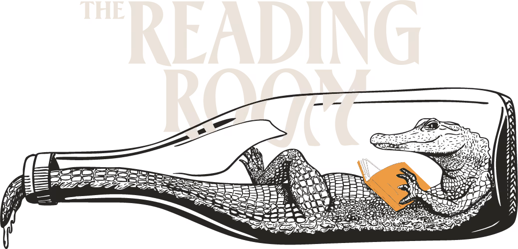 A graphic of an alligator reading a book in a wine bottle with the logo "The Reading Room" in the background. 