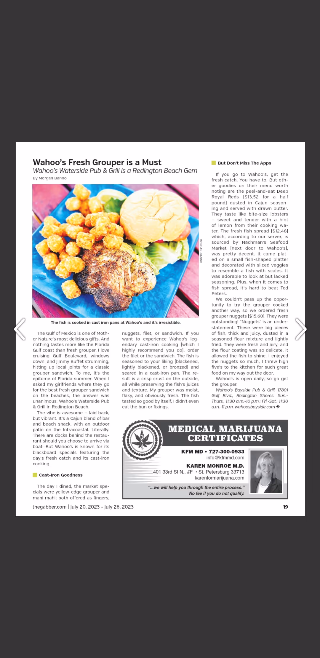 Alt text: Newspaper article featuring a review of Wahoo's Waterside Pub & Grill with a photo of a grouper sandwich, tater tots, and a bun on a blue plate. The article praises the dish as a must-try. 