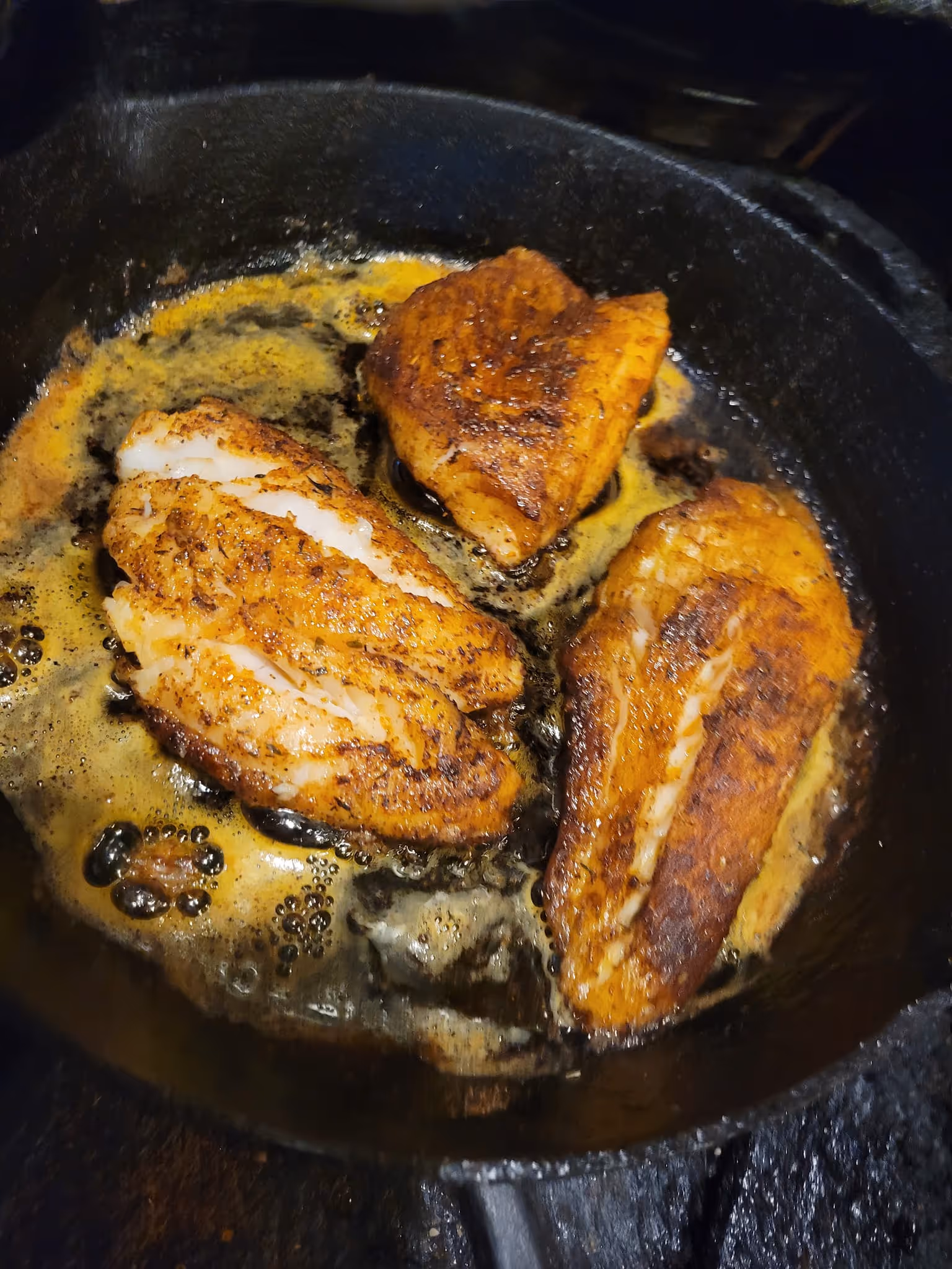 Three seasoned and browned fish fillets are sizzling in a cast iron skillet with bubbling oil, conveying a sense of warmth and appetizing aroma.