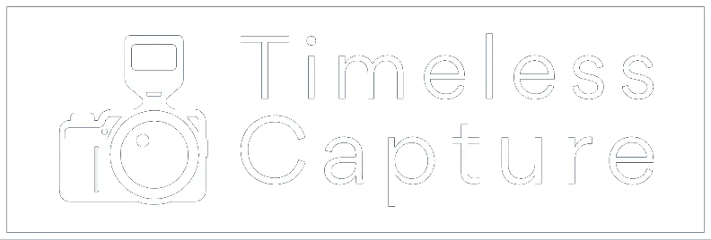 Logo with camera icon and flash next to the words Timeless Capture in white on a black background.