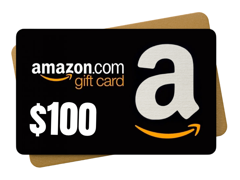 Amazon.com gift card with a $100 value shown on a black card design.
