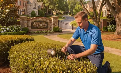 Man adjusting sprinkler system in front of Buckhead Park Estates gated community entrance, ensuring proper irrigation and landscape maintenance.