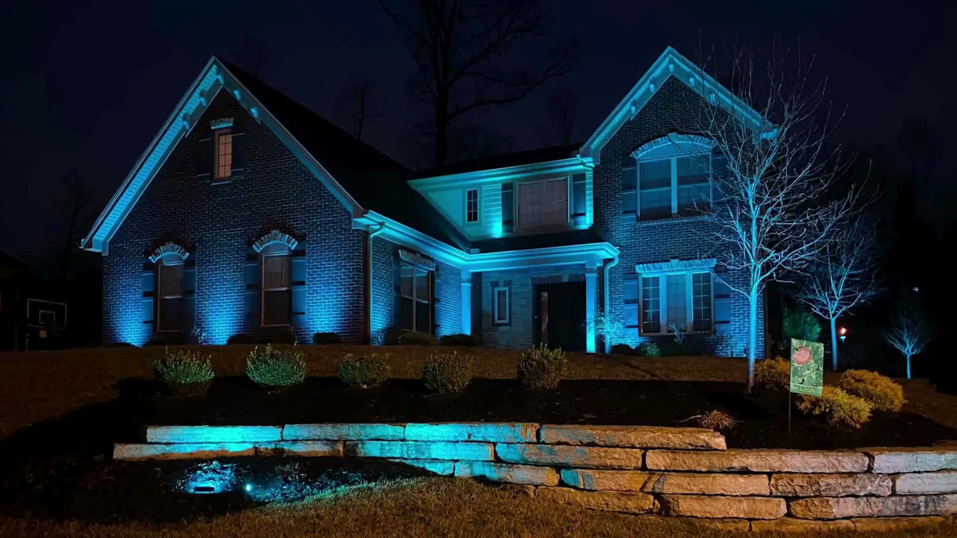 Brick house lit with blue lights on the exterior and surrounding trees at night.