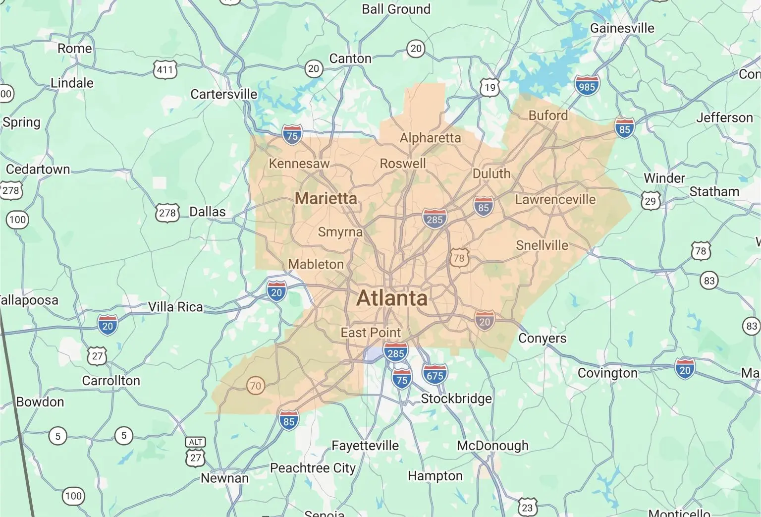 Map showing Atlanta, Marietta, Roswell, Duluth, and surrounding Georgia areas covered in a service zone.