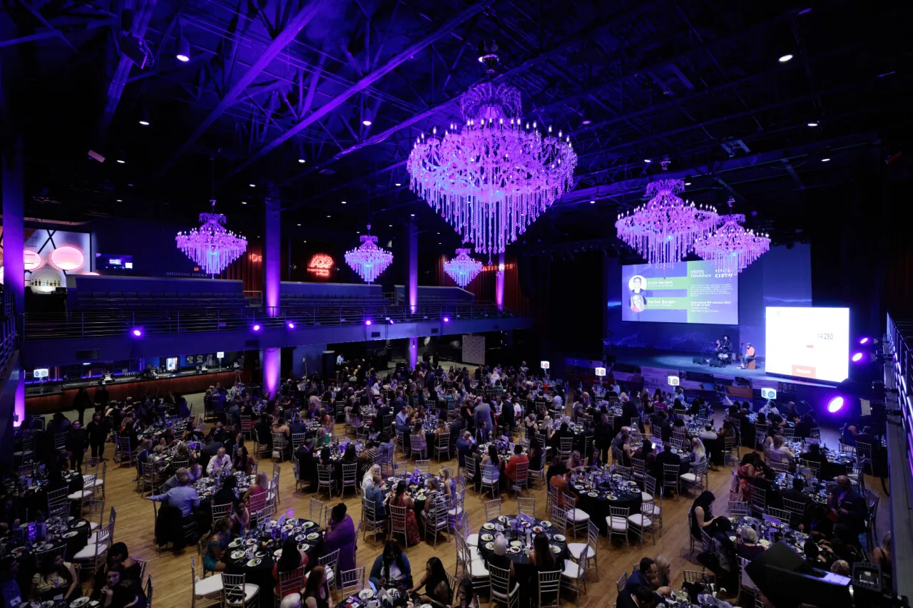 Event lighting installation featuring a stunning chandelier of hanging LED lights in a sports arena, creating a dramatic and captivating atmosphere. The lighting design enhances the venue with vibrant blue and white lights, perfect for large-scale events and special occasions, like those hosted at Georgia Tech."
