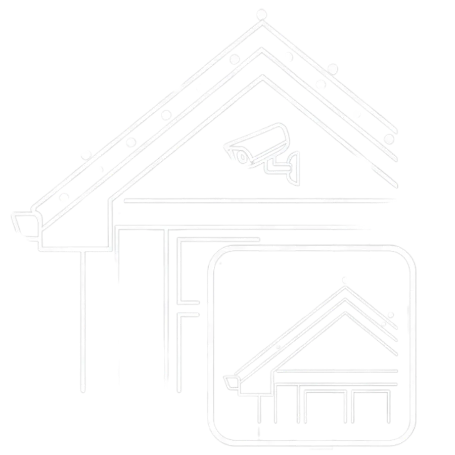 Outline of a house with roof lights and a security camera above the door, with inset of same icon.