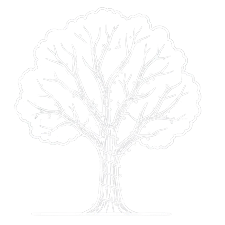 Outline of a tree with bare branches wrapped in string lights.