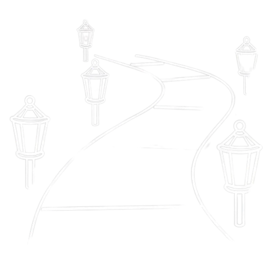 Curved pathway lined with six classic outdoor lantern-style lamp posts.