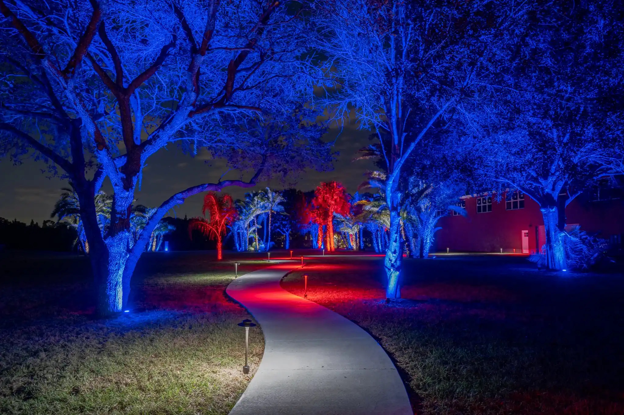 Winding concrete walkway on commercial grounds highlighted with cyan and blue LED landscape lighting.