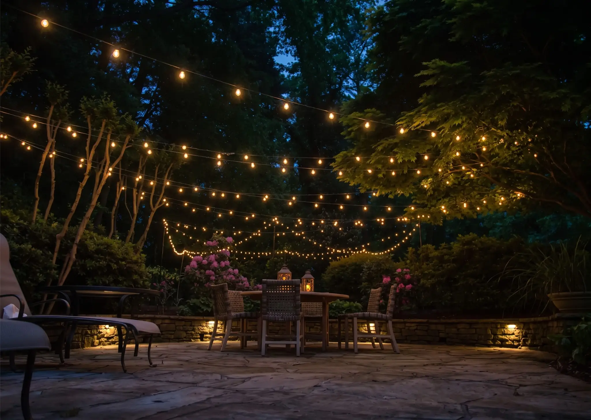 Illuminating Design outdoor patio with warm overhead bistro string lighting on a stone terrace at night.