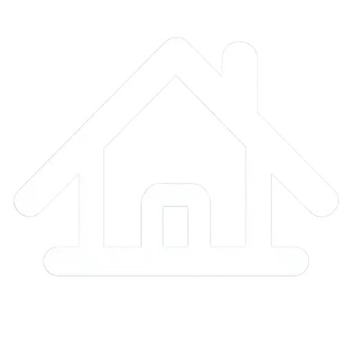 Simple white house icon with a pitched roof, chimney, and centered door on a transparent background.