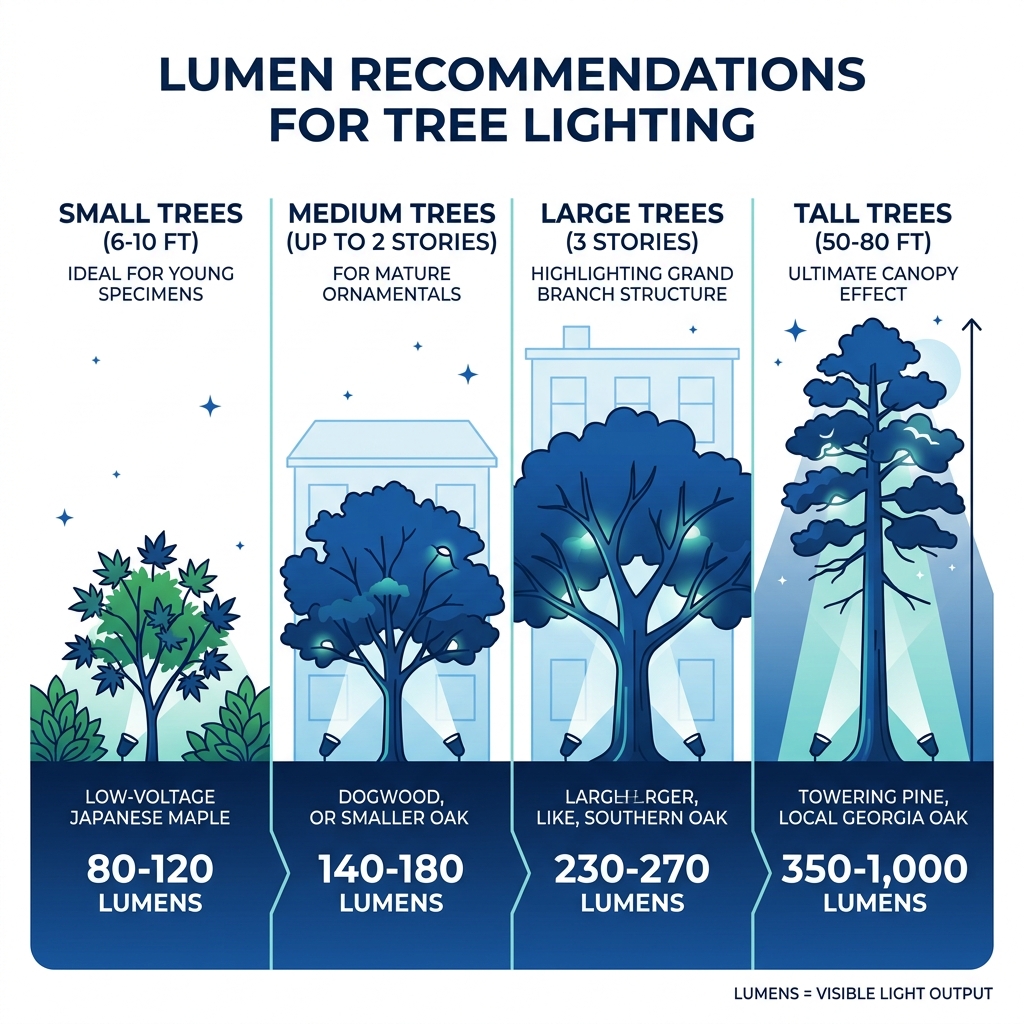Infographic showing lumen recommendations for different tree heights - landscape lighting infographic Infographic showing lumen recommendations for different tree heights - landscape lighting infographic