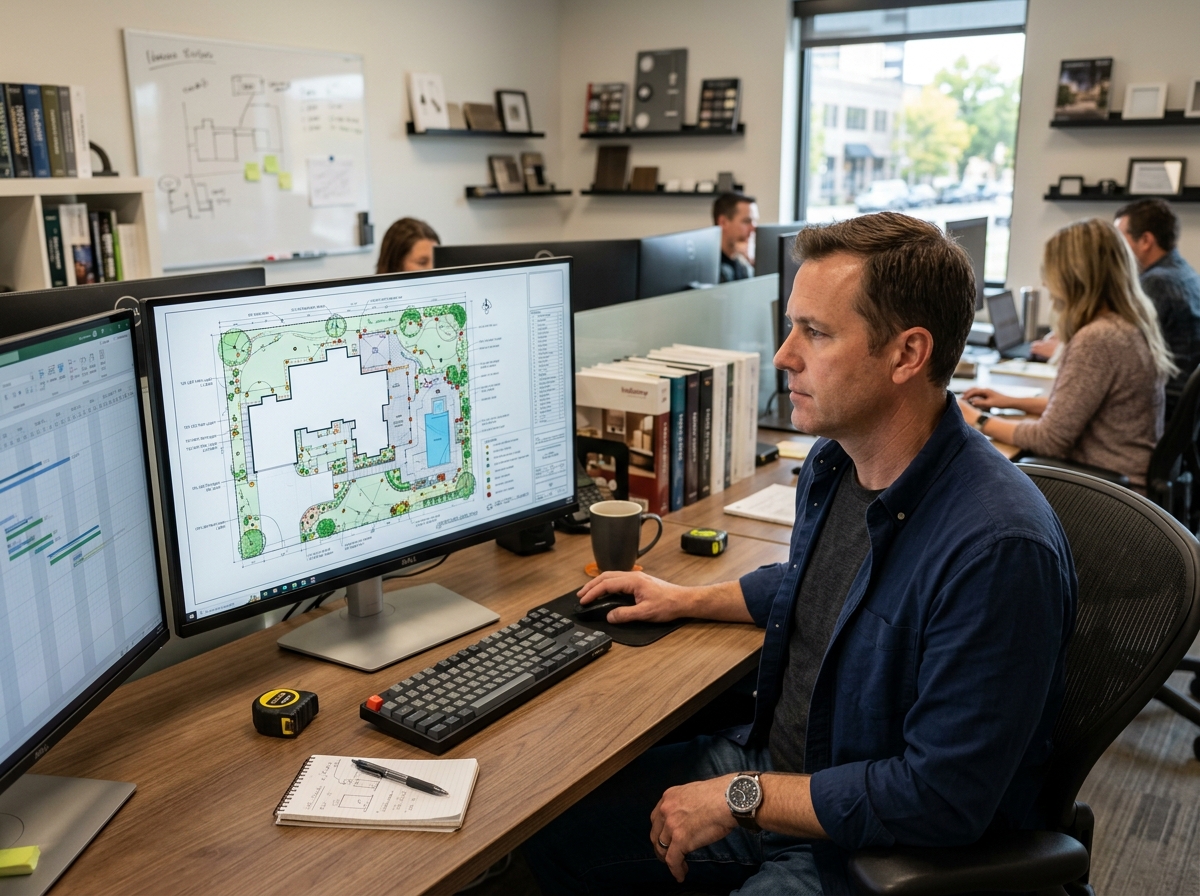 designer reviewing a CAD schematic - professional outdoor lighting design designer reviewing a CAD schematic - professional outdoor lighting design