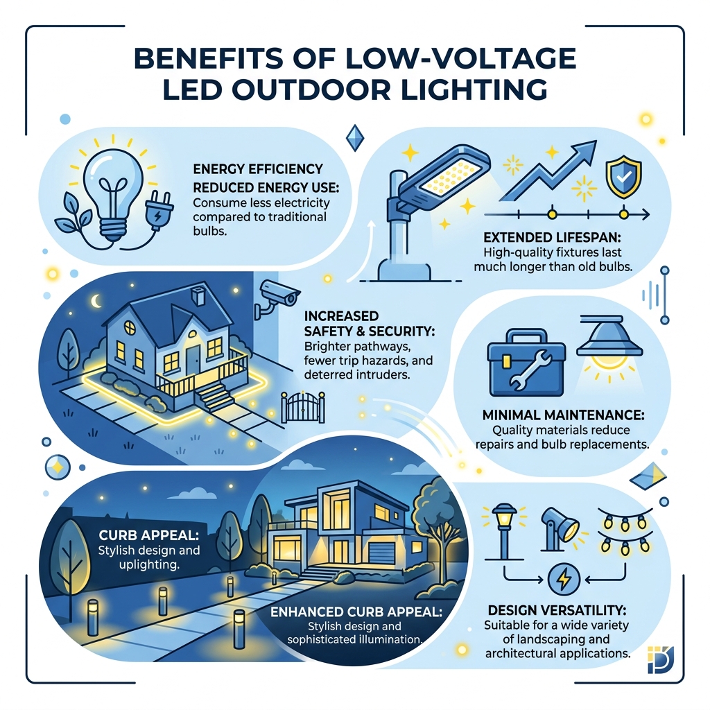 Benefits of low-voltage LED outdoor lighting infographic - professional outdoor lighting design infographic Benefits of low-voltage LED outdoor lighting infographic - professional outdoor lighting design infographic