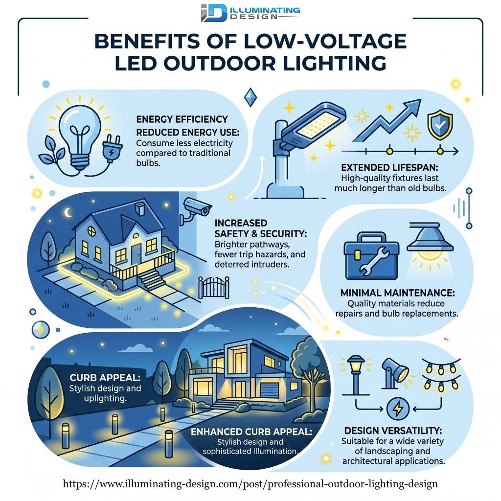 user-inserted Benefits of low-voltage LED outdoor lighting infographic - professional outdoor lighting design infographic