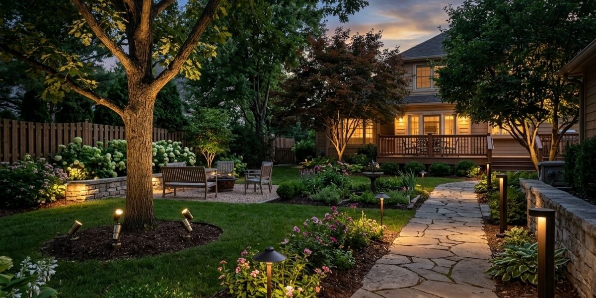 Beautifully landscaped backyard with stone pathway, lush greenery, and soft landscape lighting illuminating flower beds, trees, and seating area for a serene outdoor ambiance.