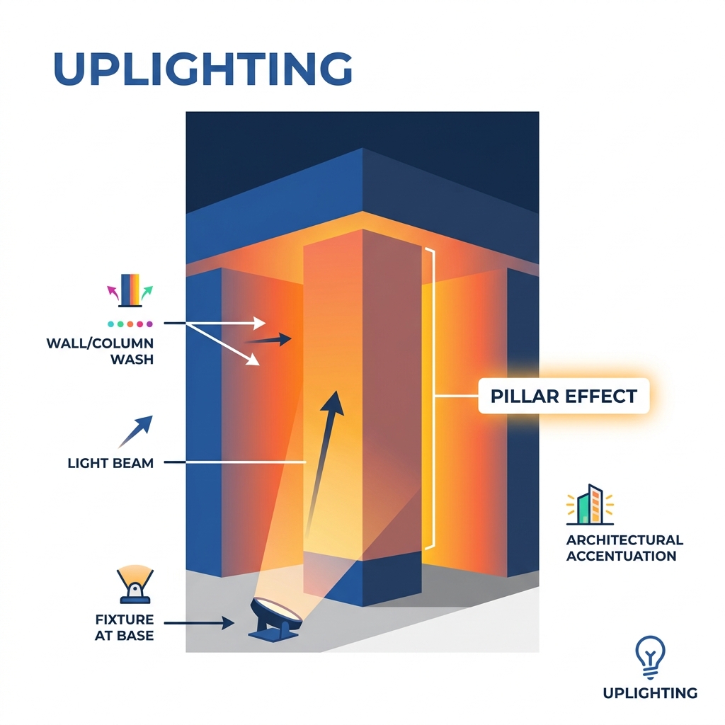 Infographic showing the uplighting pillar effect: fixture at base, light beam traveling upward, washing wall or column in