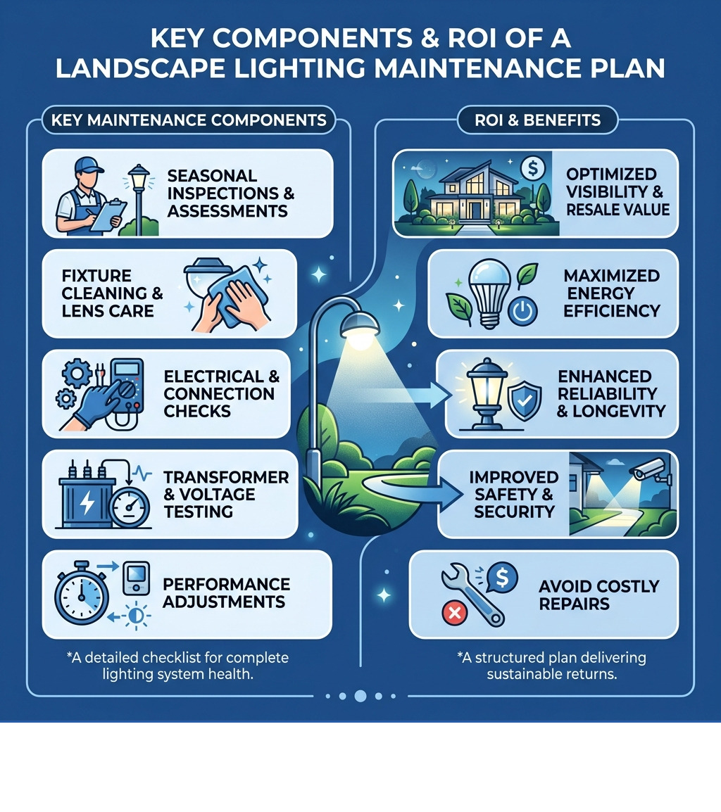 Infographic showing key components and ROI of a landscape lighting maintenance plan - landscape lighting maintenance plan