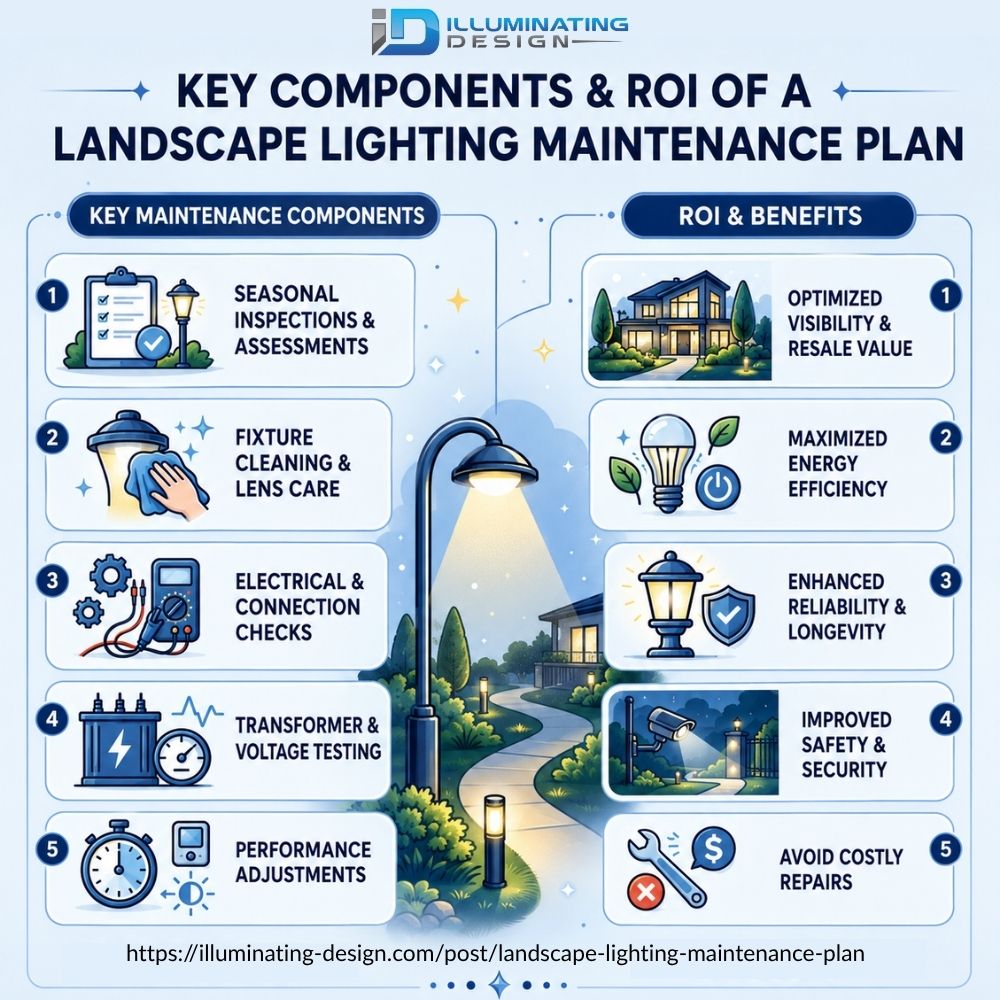 user-inserted Infographic showcasing key components and return on investment (ROI) of a professional landscape lighting maintenance plan, including seasonal inspections, fixture cleaning, electrical checks, and performance adjustments, emphasizing benefits like enhanced visibility, energy efficiency, safety, and long-term cost savings