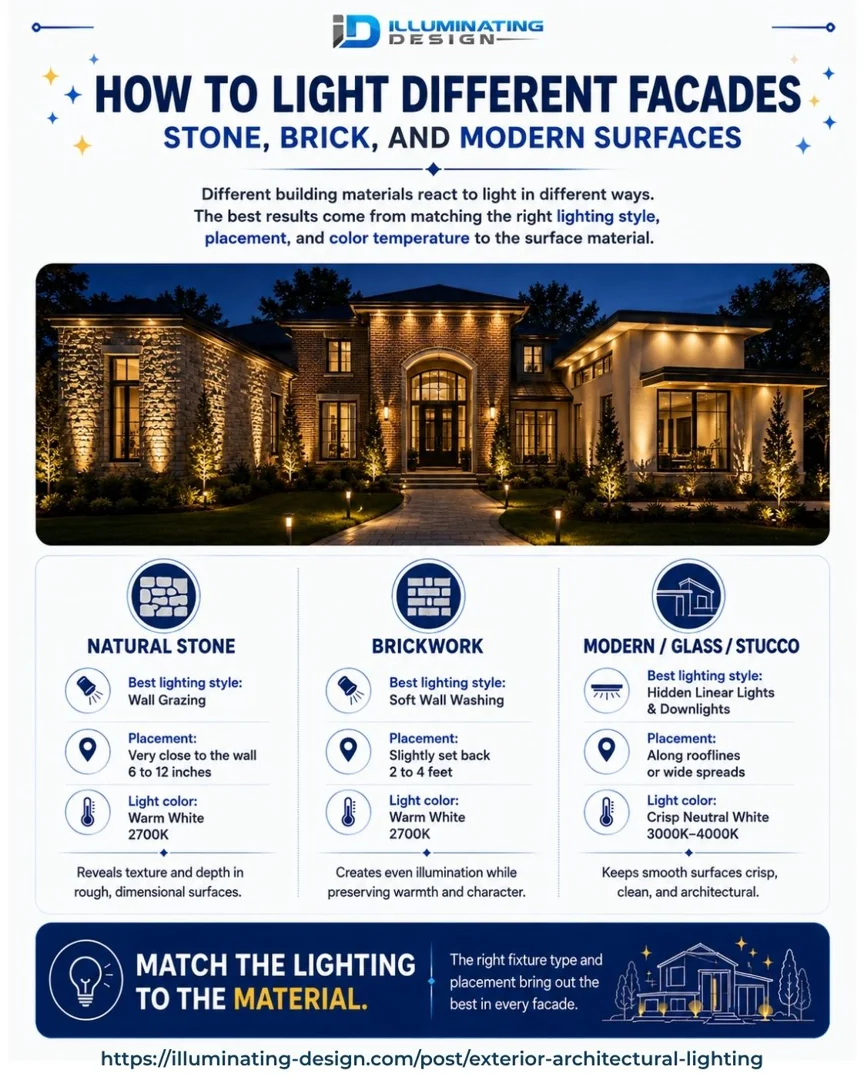 user-inserted Exterior architectural lighting on a modern facade with uplighting and trim lights.