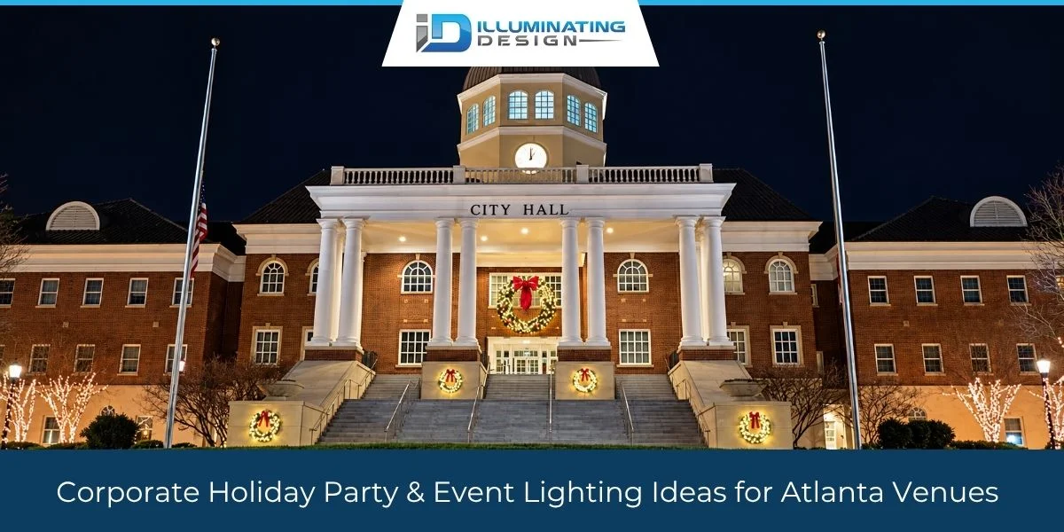 Atlanta City Hall holiday decorations illuminate the entrance for a corporate event.