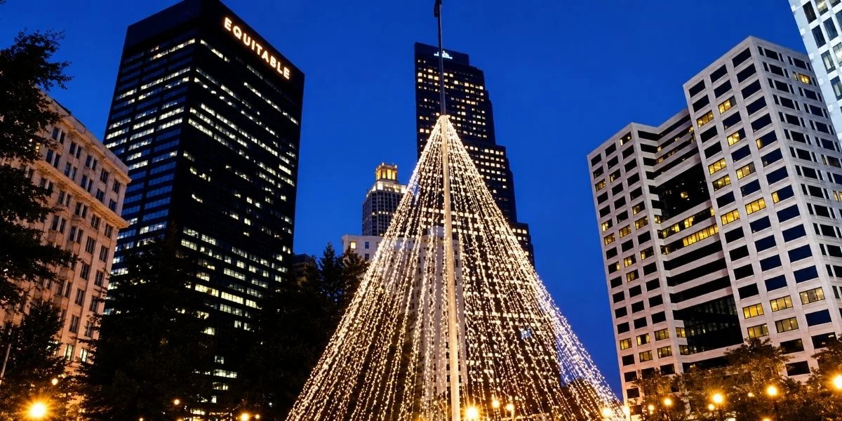 Atlanta skyline with a holiday light tree, illuminating a corporate event venue facade.