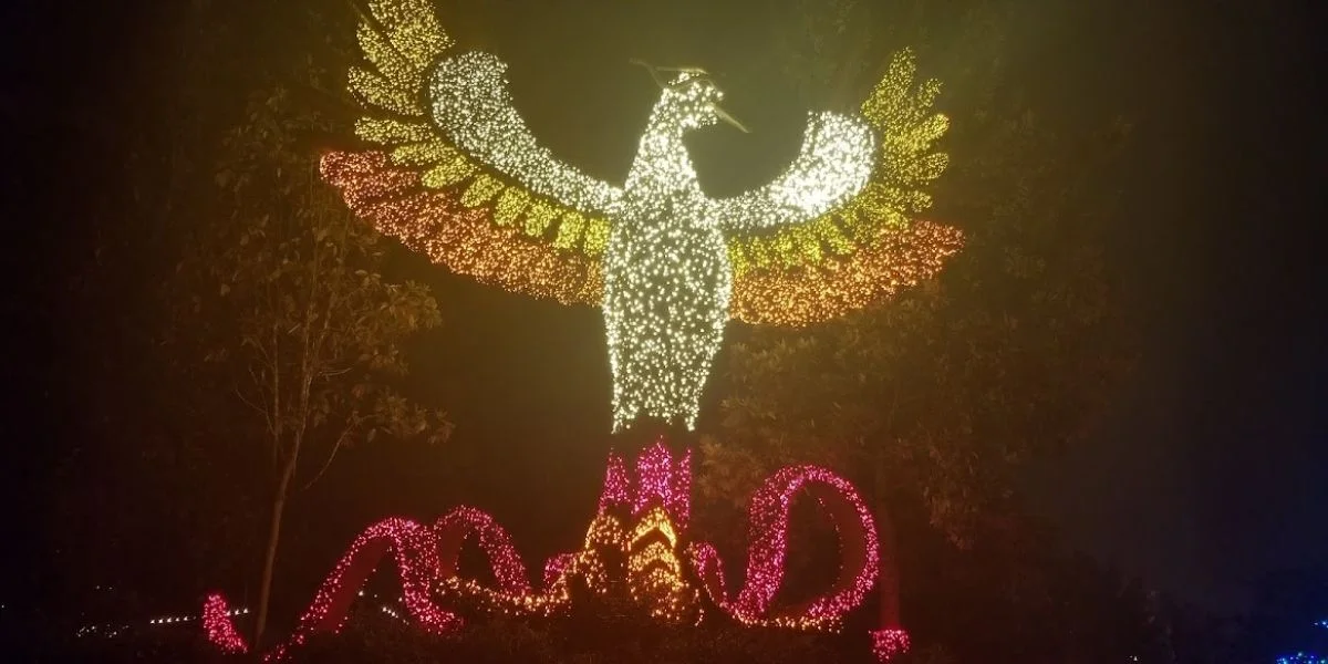 Custom phoenix light installation at an Atlanta corporate event venue.