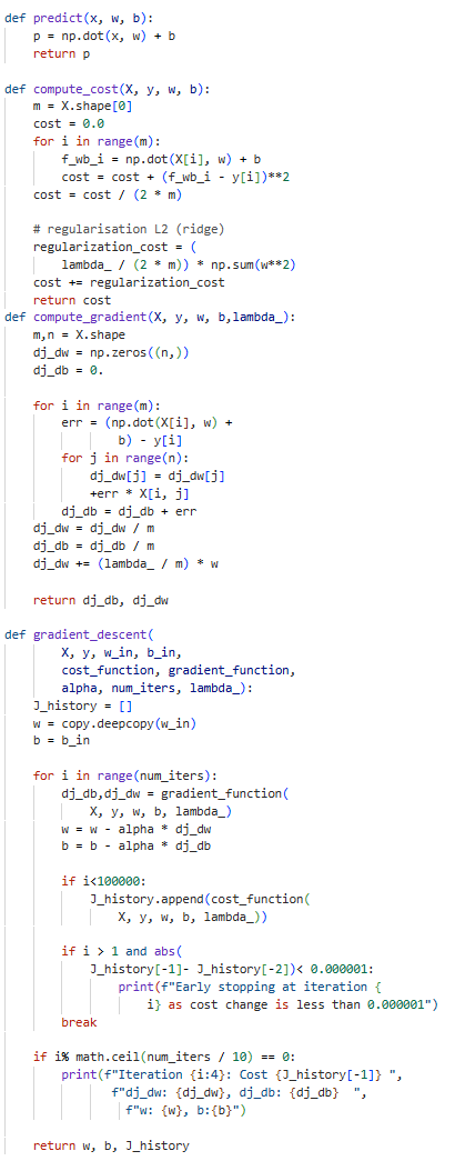 Python code implementing linear regression with L2 regularization, including functions for prediction, cost computation, gradient calculation, and gradient descent optimization with early stopping and iteration logging.