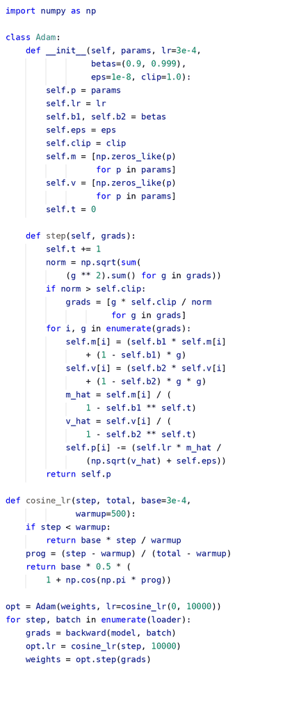 Python code defining Adam optimizer class with step and cosine learning rate functions and usage example.