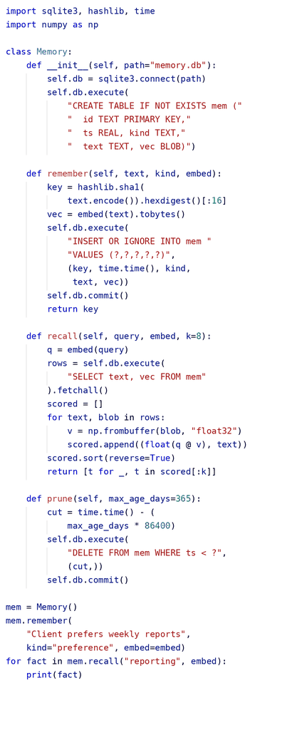 Python code defining Memory class with methods to store, recall, and prune text embeddings using SQLite.