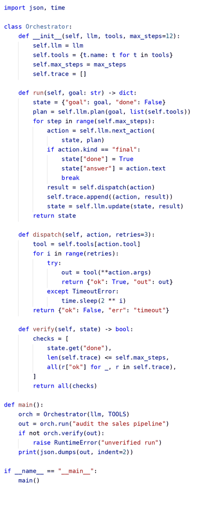 Python tool-use loop for a Claude agent: dispatching tool calls, catching errors and feeding results back to the model.