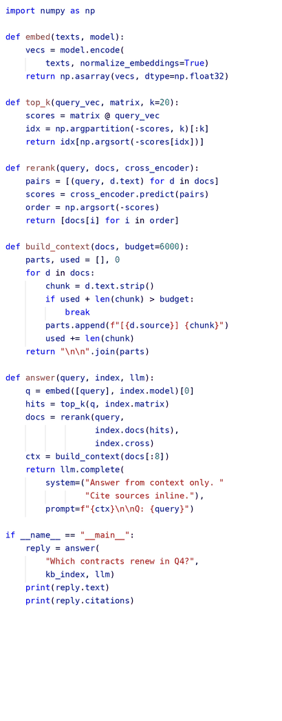 Python code defining functions for embedding text, reranking, context building, and querying a language model.