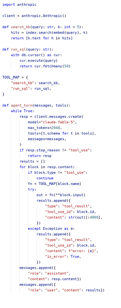 Python code defining tools and a loop for an agent to interact with a client using Claude model and tool map.