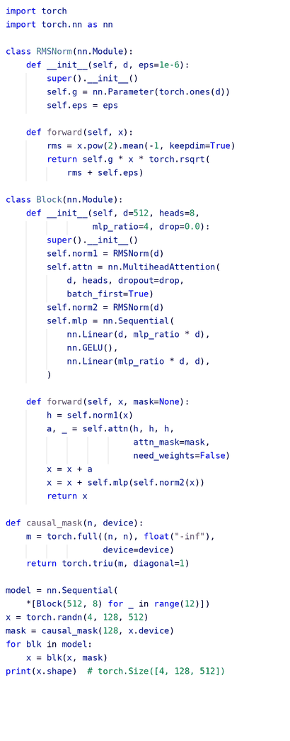 Python code defining RMSNorm and Block classes with transformer model using causal mask in PyTorch.
