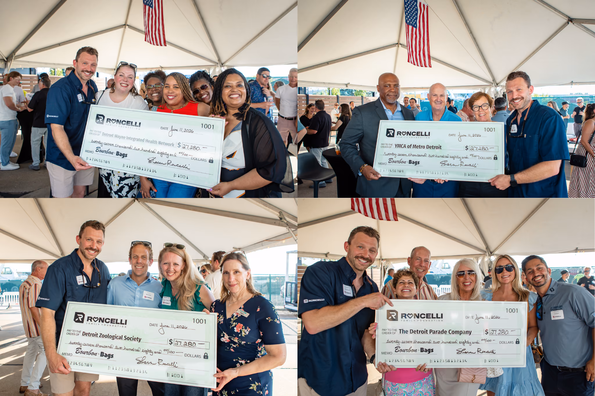 Four images under a tent showing groups of people holding oversized donation checks from Roncelli for $37,280 made out to Detroit nonprofits: Detroit Hope Integrated Health Network, YMCA of Metro Detroit, Detroit Zoological Society, and The Detroit Parade Company, with smiles and American flags hanging above.