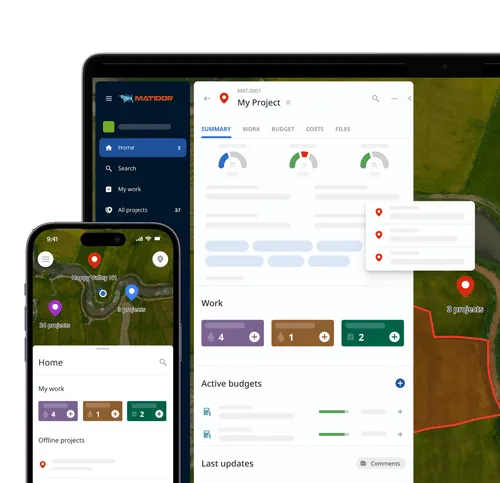 Matidor project management platform displayed on desktop and mobile with interactive map, project dashboard, and budget tracking interface.