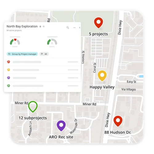 Matidor portfolio map showing multiple project sites with color coded status indicators on an interactive GIS map.