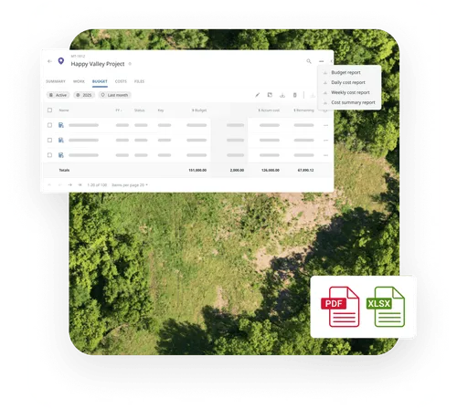 Matidor reporting dashboard with cost table, report menu, and PDF and XLSX export options.