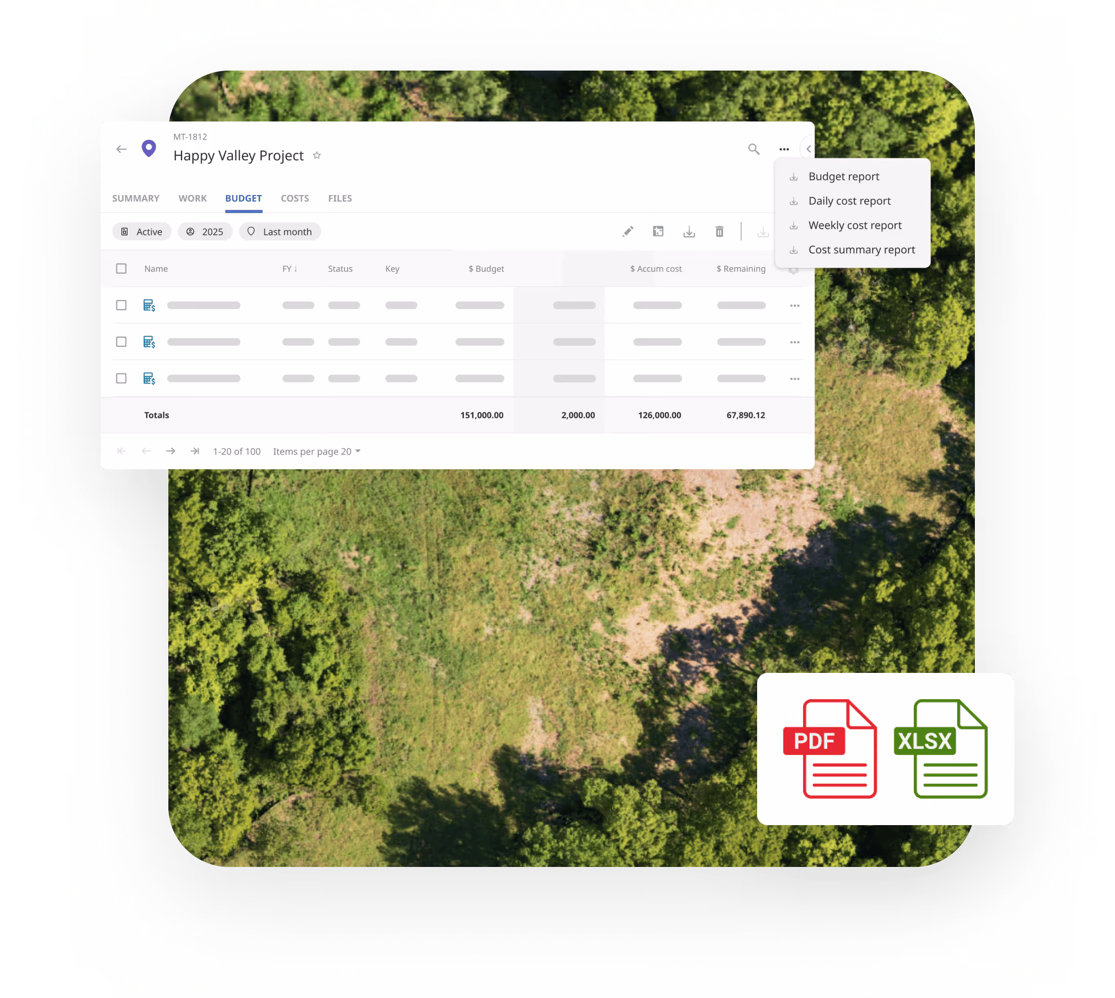 Matidor reporting dashboard with cost table, report menu, and PDF and XLSX export options.