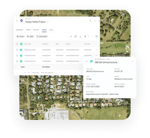 Matidor budget cost table showing project line items, cost codes, totals, and detailed expense panel.