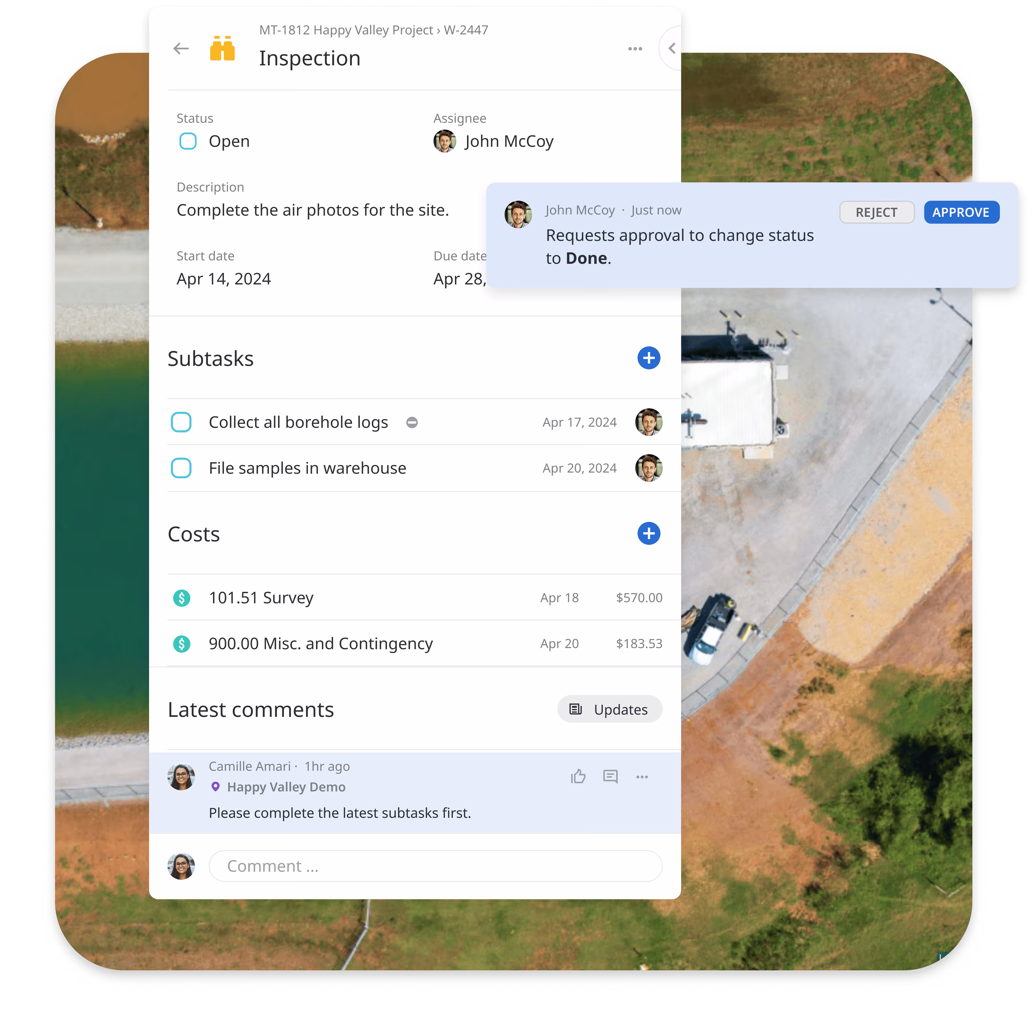 Matidor task management screen showing inspection details, subtasks, cost entries, approval request, and comment activity.