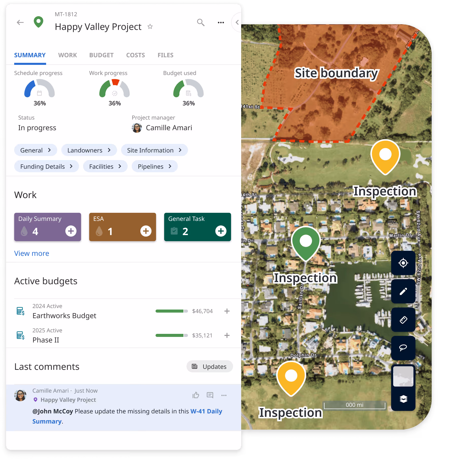Matidor location intelligence screen showing project dashboard with interactive map, site boundary, and inspection markers.