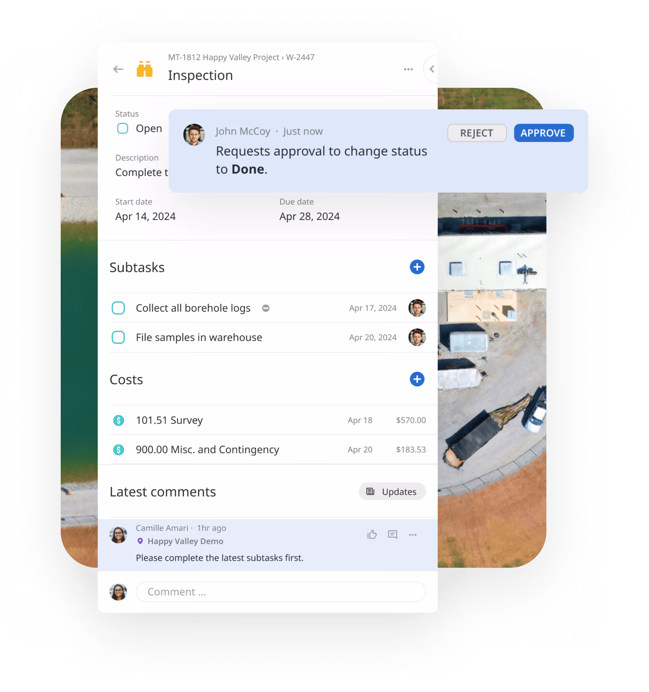 Matidor project management screen showing inspection task, approval request popup, subtasks, costs, and comments.