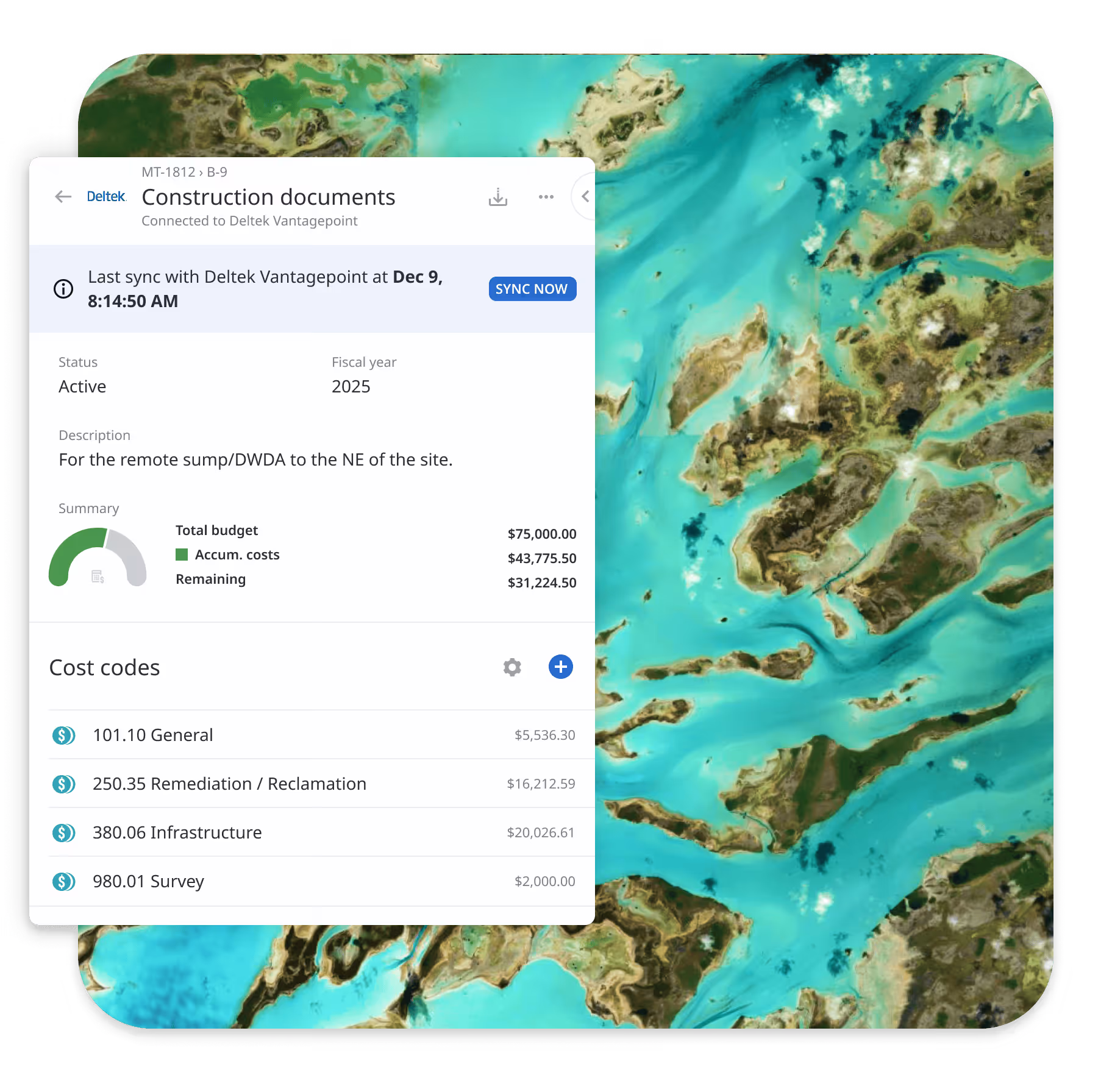 Matidor real-time budget tracking screen with Deltek sync status, total budget gauge, and cost codes list.