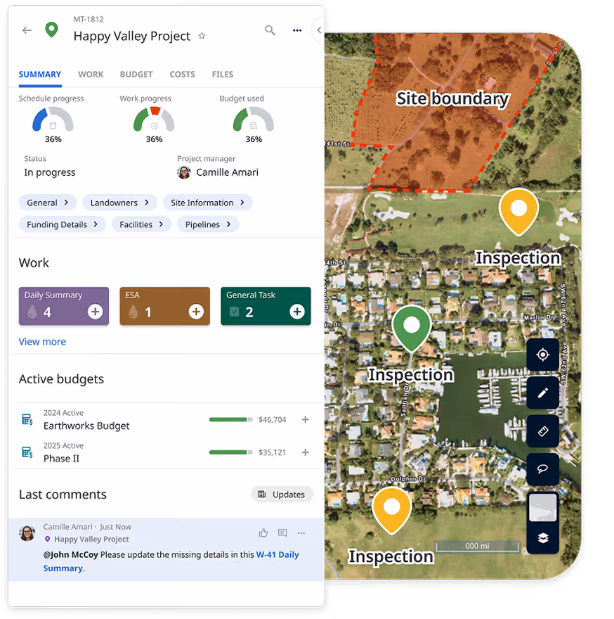 Matidor project portfolio dashboard with project status grid and color coded health indicators across multiple sites.
