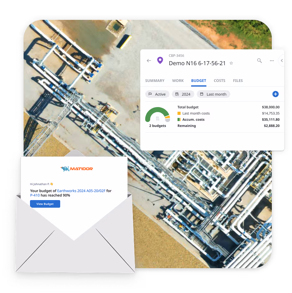 Matidor real time budget dashboard showing project spend vs budget with automated threshold alerts and notifications.